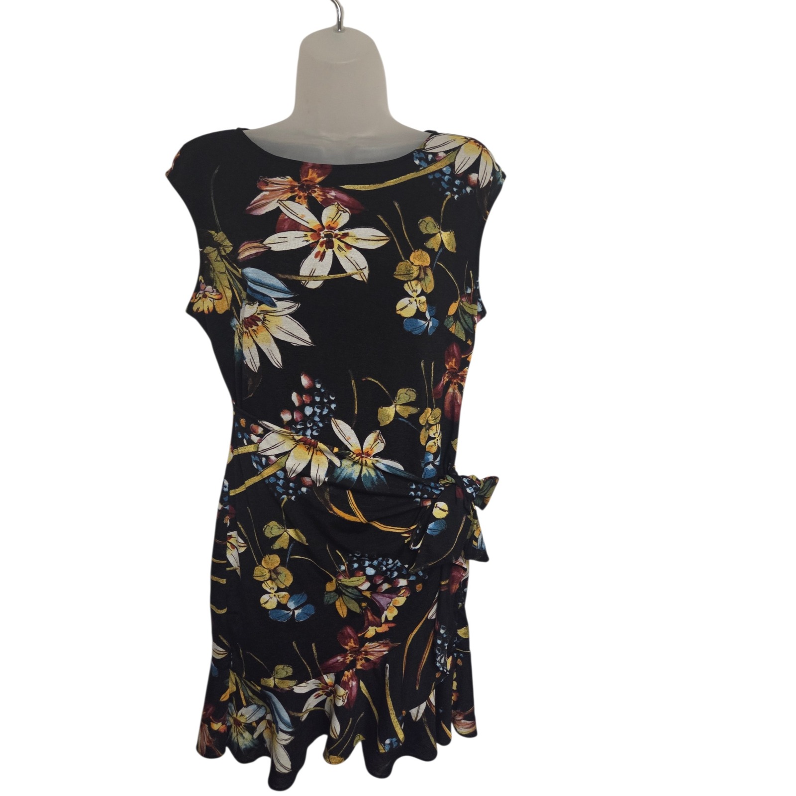 Eci New York Floral Wrap Dress Black Multicolor Ruffle Hem Stretch Cap Sleeve